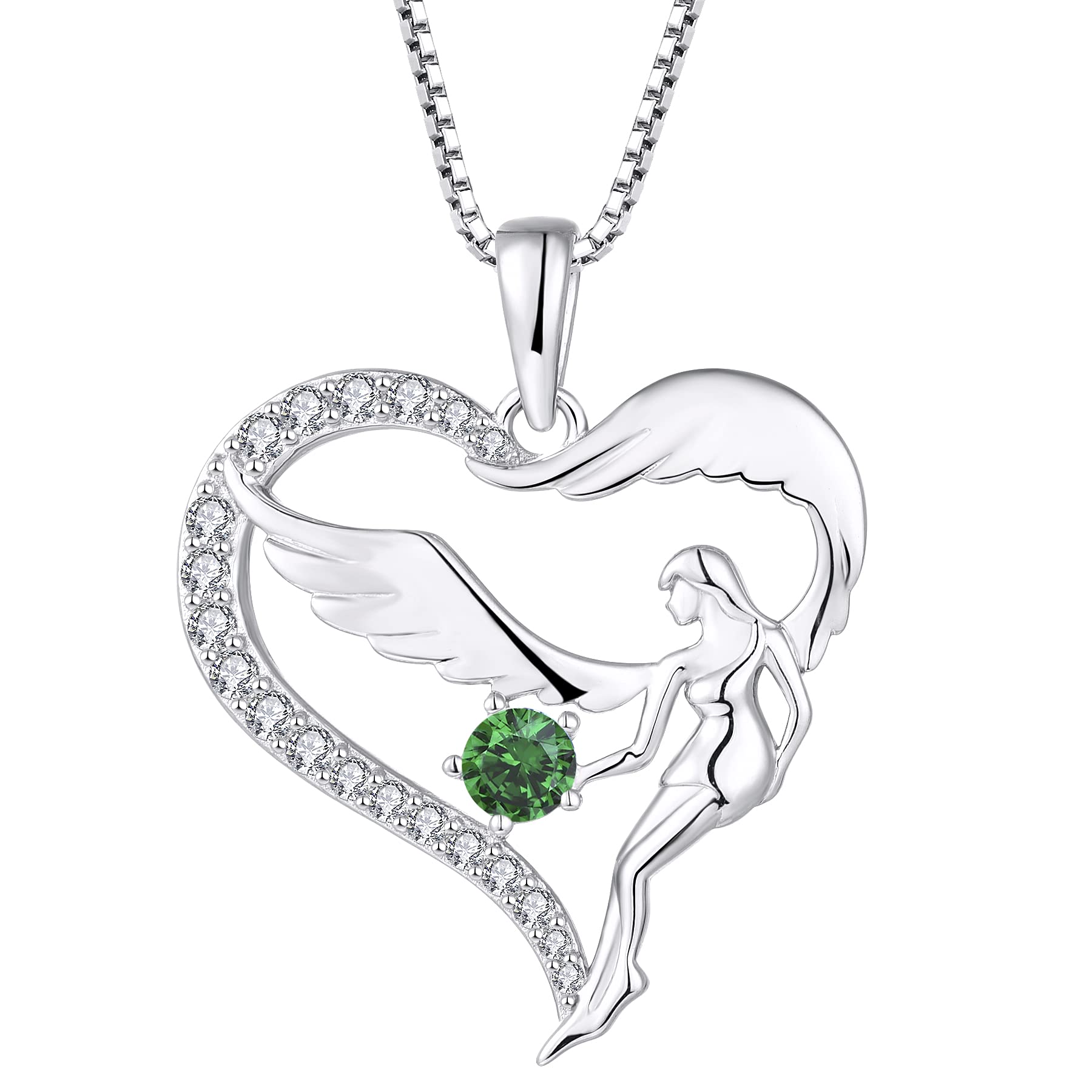 FJ Heart Guardian Angel Necklace 925 Sterling Silver Angel Wing Pendant May Birthstone Necklace Emerald Jewellery for Women