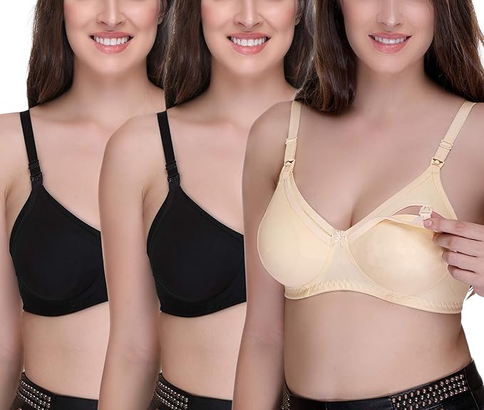 Women's Feeding Bra Full Cup Hosiery Cotton Breastfeeding Nursing Maternity (Multicoloured) Combo Pack of 3