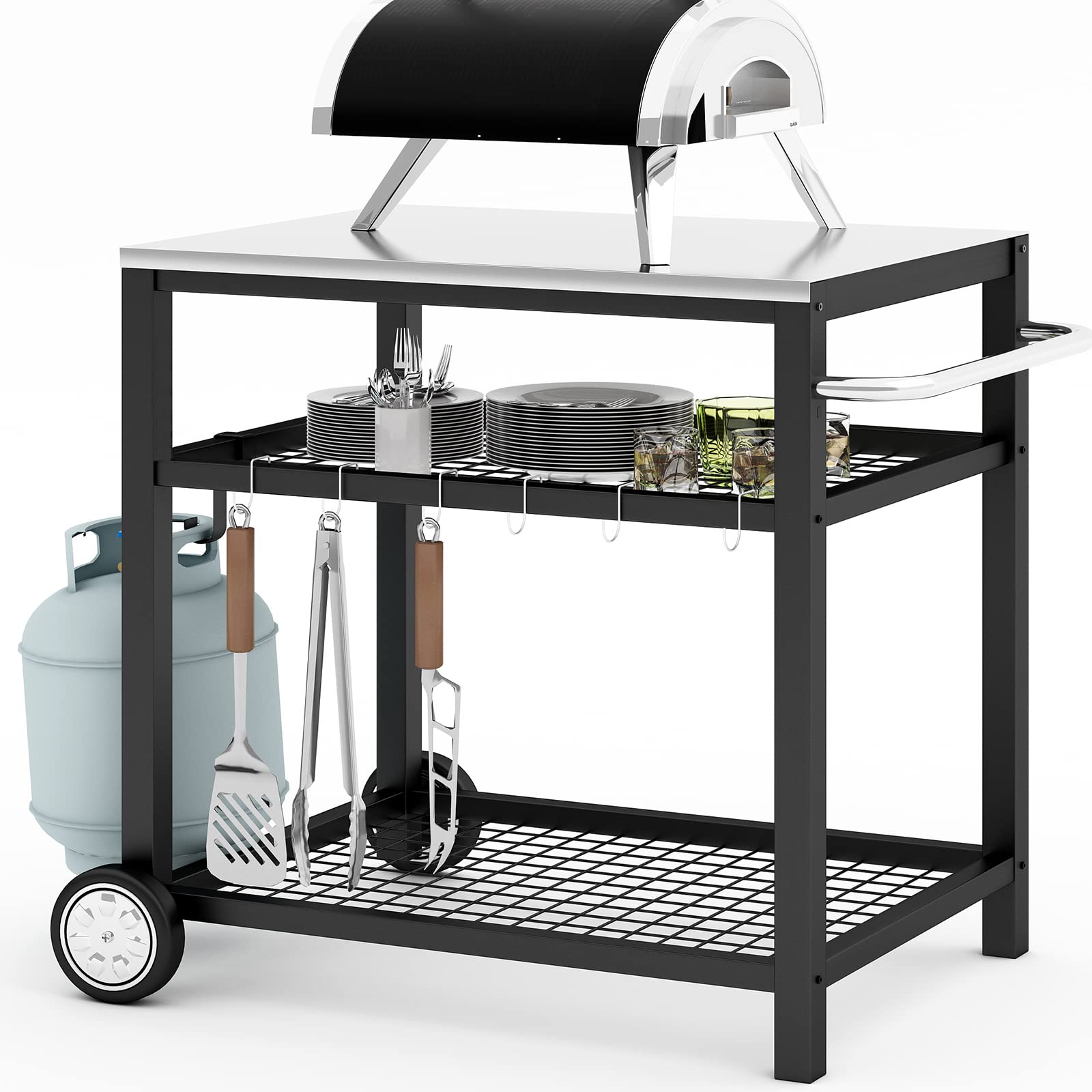 Photo 1 of Movable Food Prep and Work Table Stainless Steel Grill Cart Modular Table with Wheels and Handle Double-Shelf Commercial Kitchen Tables Heavy Duty Pizza Oven Stand Outdoor