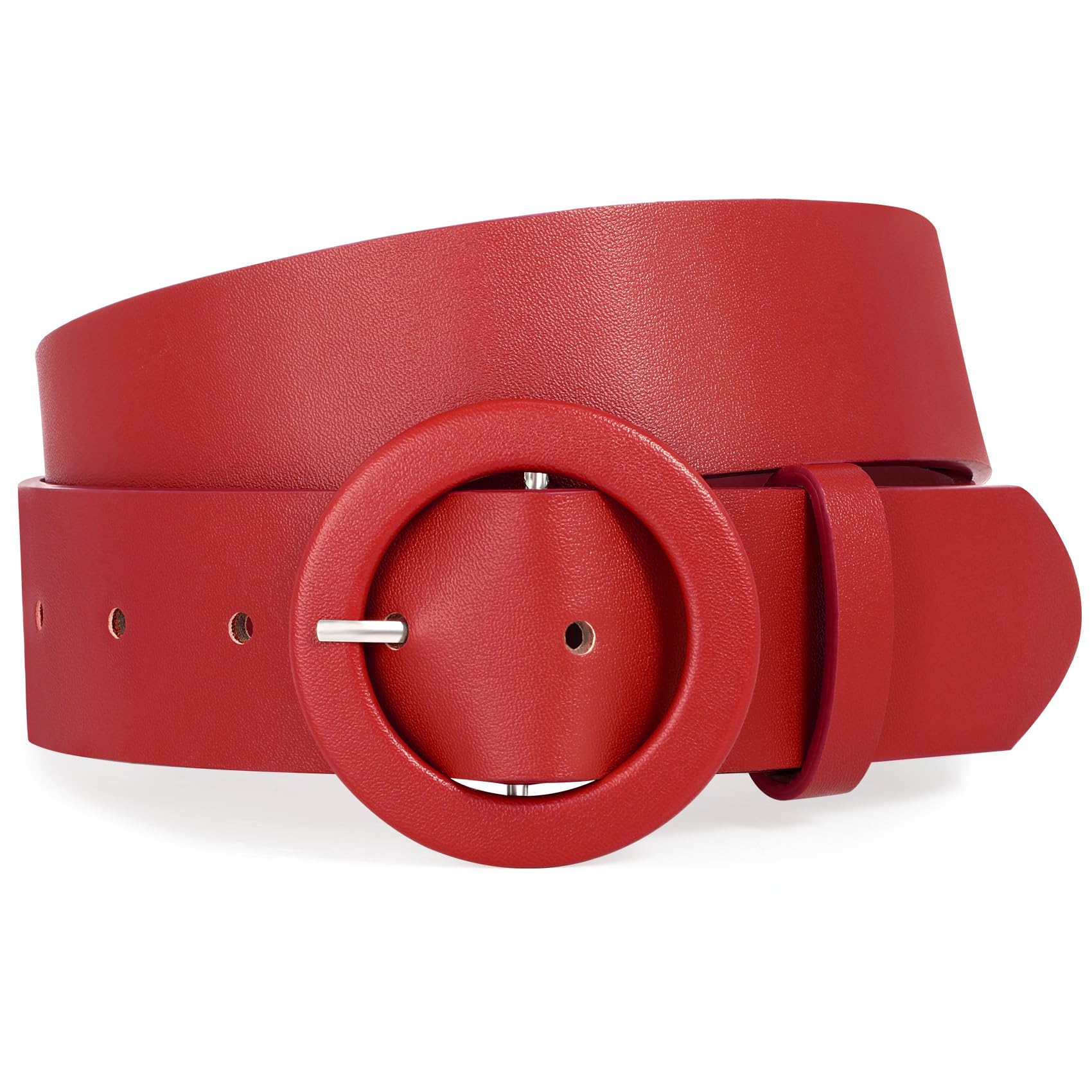 Photo 1 of XZQTIVE Women's Wide Belt Fashion Candy Color Round Buckle Ladies Belt for Jeans Pants Dresses, Red(Fit Waist Size 24"-29")