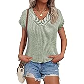 Saodimallsu Womens V Neck Short Sleeve Sweater Summer Lightweight Cap Sleeve Casual Loose Knit Pullover Tank Tops