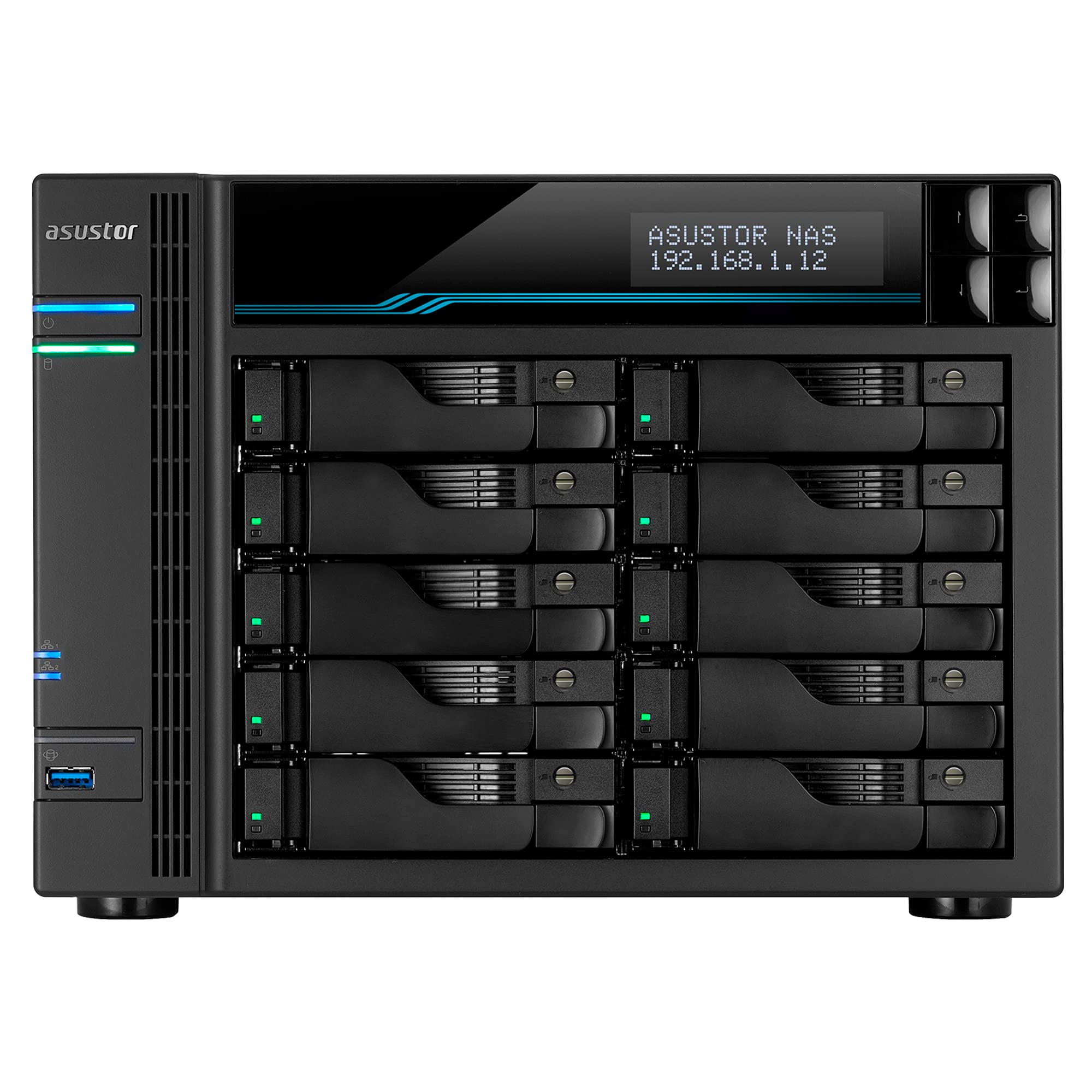 Asustor Lockerstor 10 AS6510T - 10 Bay NAS, 2.1GHz Quad-Core, 2 M.2 NVMe SSD Slot, 10GbE Port, 2.5GbE Port, 8GB RAM DDR4, Enterprise Network Attached Storage (Diskless)