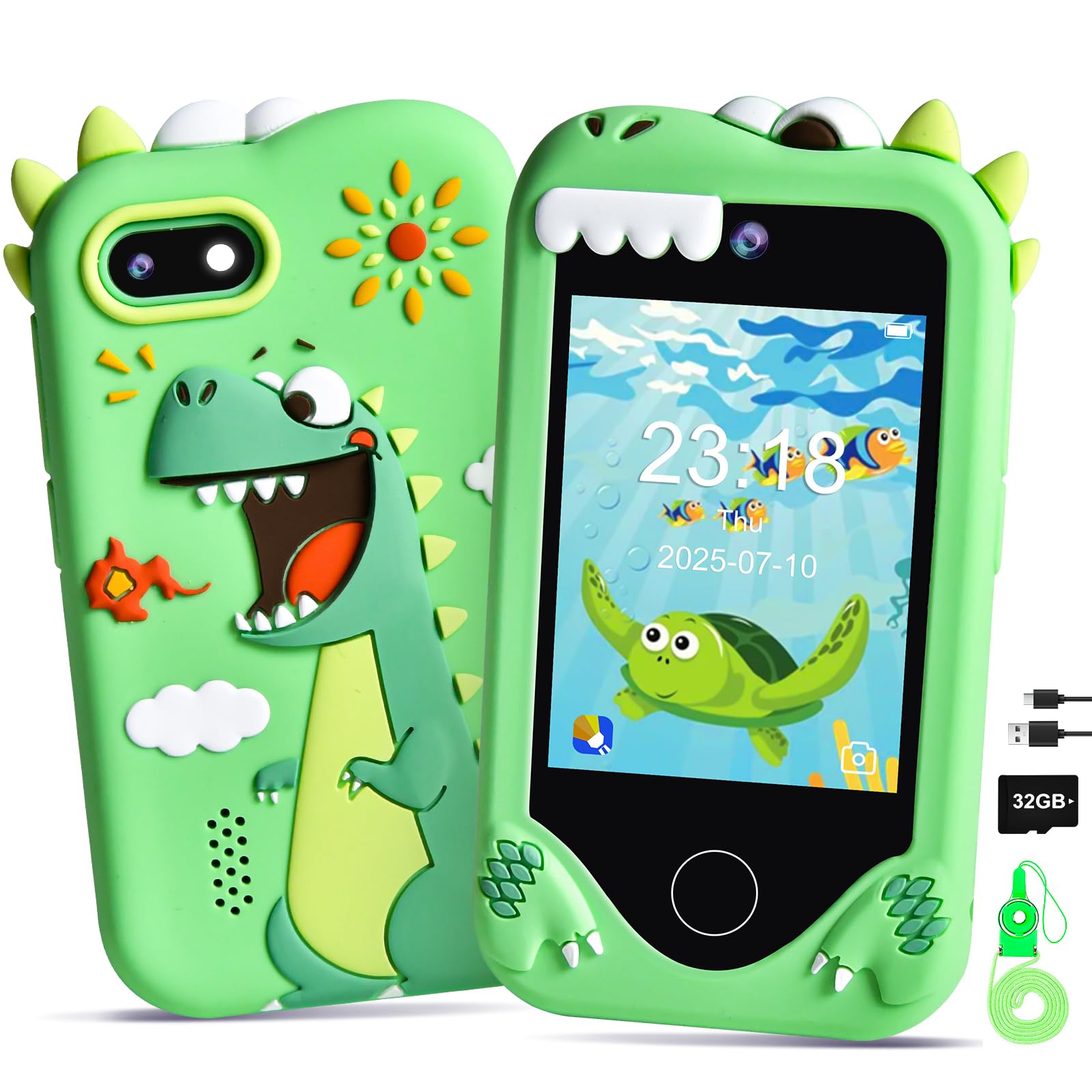 Jusvenmt Kids Phone for Boy, Dinosaur Smart Phone Gifts Toys for 3 4 5 6 7 8 9 Year Old Boys, Kids Toy Mobile Phone with Dual Cameras, 2.8 Inch Touchscreen, Music Player, Game and 32 GB Card (Green)