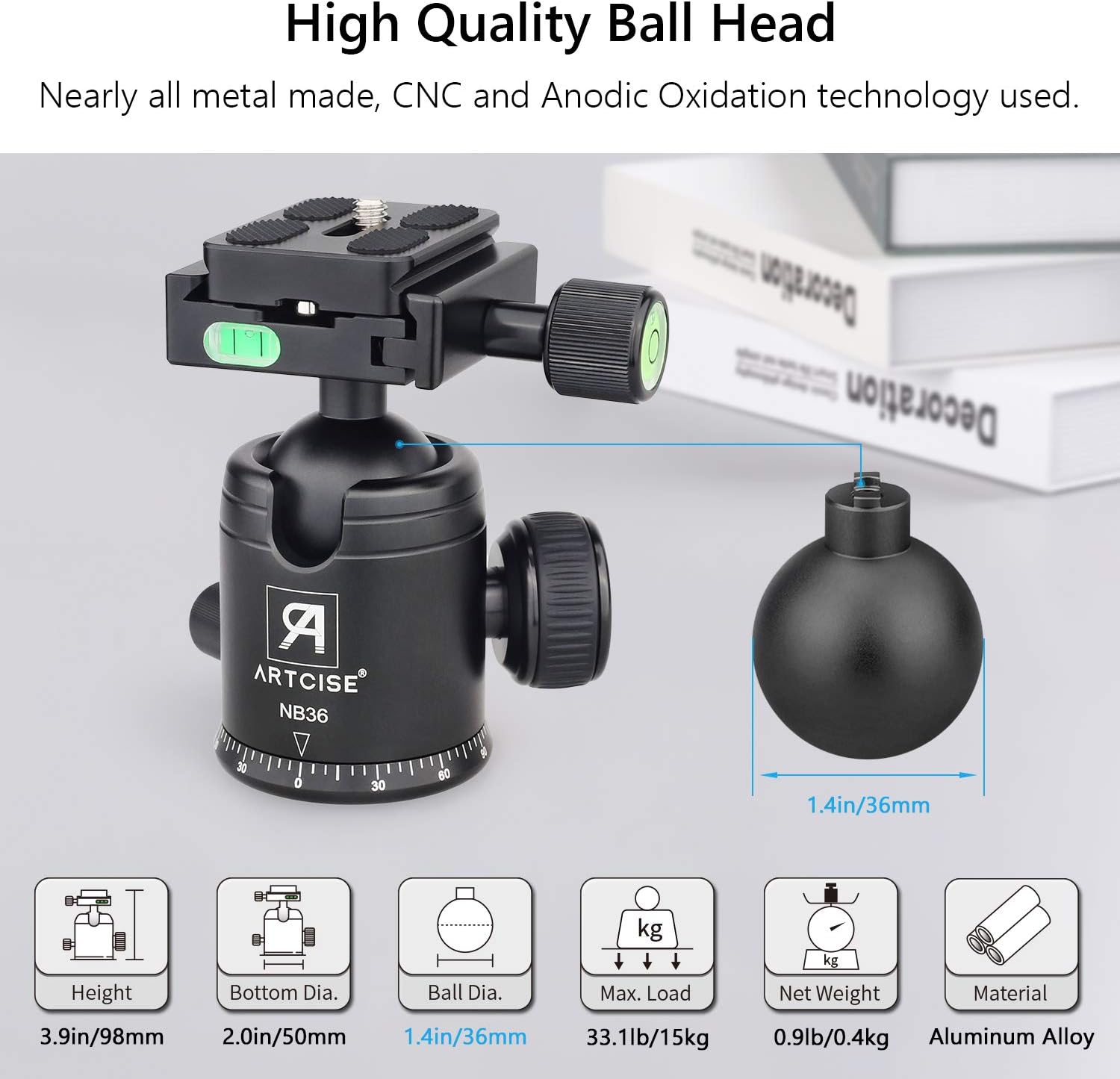 Camera Tripod Monopod 82.6 inch ARTCISE AF30 Professional Aluminum Alloy Ultrahigh Travel Tripod with CNC Ball Head and Center Column for DSLR Camera, Max Load 33.1lbs/15kg - Image 4