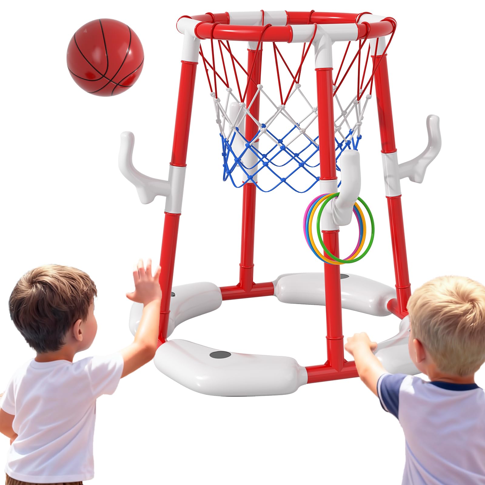 BLmukce Pool Basketball Hoop for Kids 4-8 & 8-12 Years Old - 2-in-1 Floating & Above Ground Water Game with 4 Balls, 12 Rings & Pump, Outdoor Play Swimming Pool Toy for Adult Summer Party (Red) — image 1