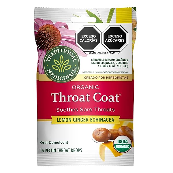 TRADITIONAL MEDICINALS ORGANIC, THROAT COAT LOZENGES, LEMON GINGER ECHINACEA – HERBAL COUGH DROPS, HELPS SOOTHE SORE THROAT – NON-GMO, STIMULANT-FREE – 16 COUNT