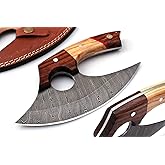 Bushcraft Custom Handmade Damascus Steel Ulu Knife - Alaskan Ulu Knife With Sheath - Multi-Purpose Alloy Steel Knife For Skinning, Hunting, Chopping, (Rose Wood & Olive)
