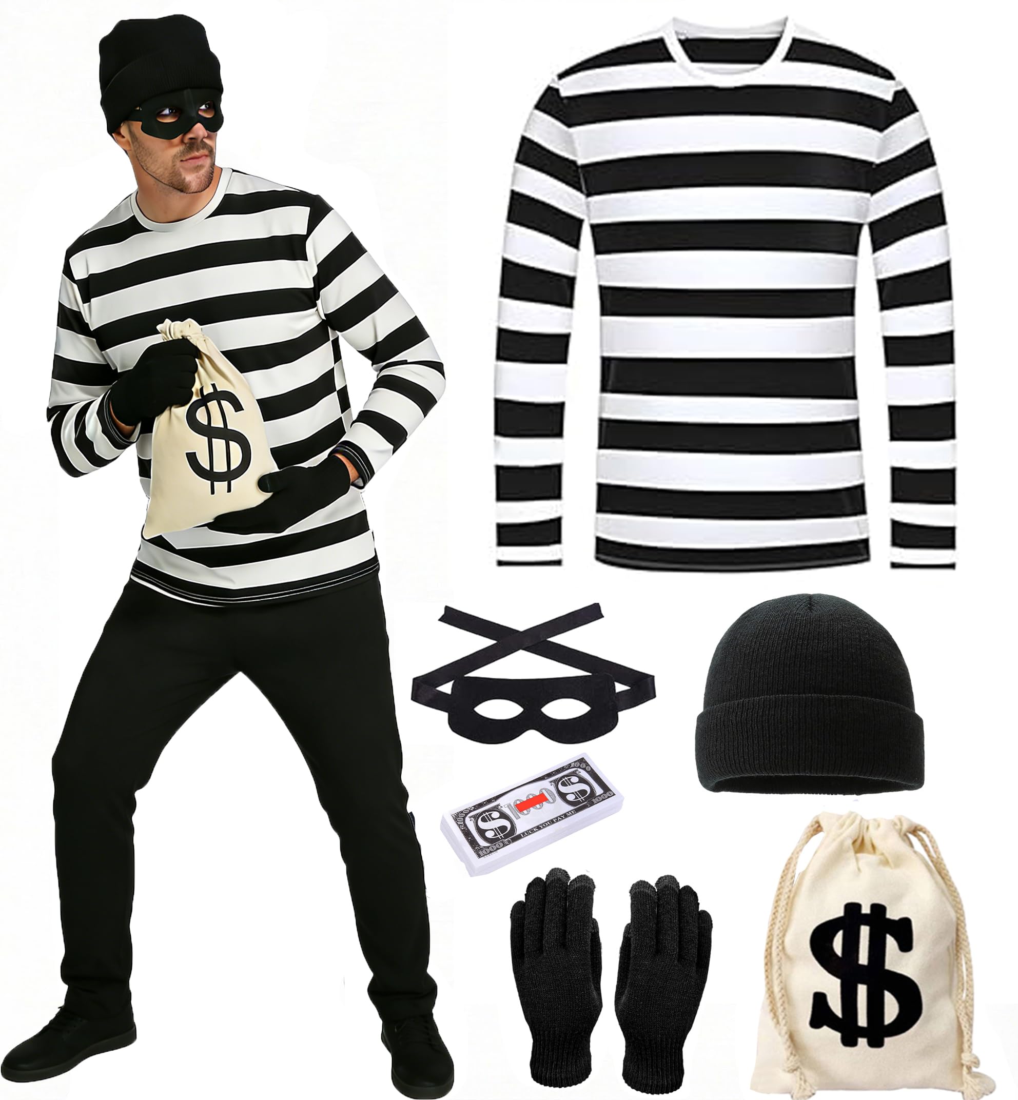 HarnyLoom Robber Costume Set Adults Burglar Women Men Thief Accessories Black & White Striped T-Shirt Black Eye Mask Swag Bag for Criminal Halloween Carnival Party Cosplay (Men, M)