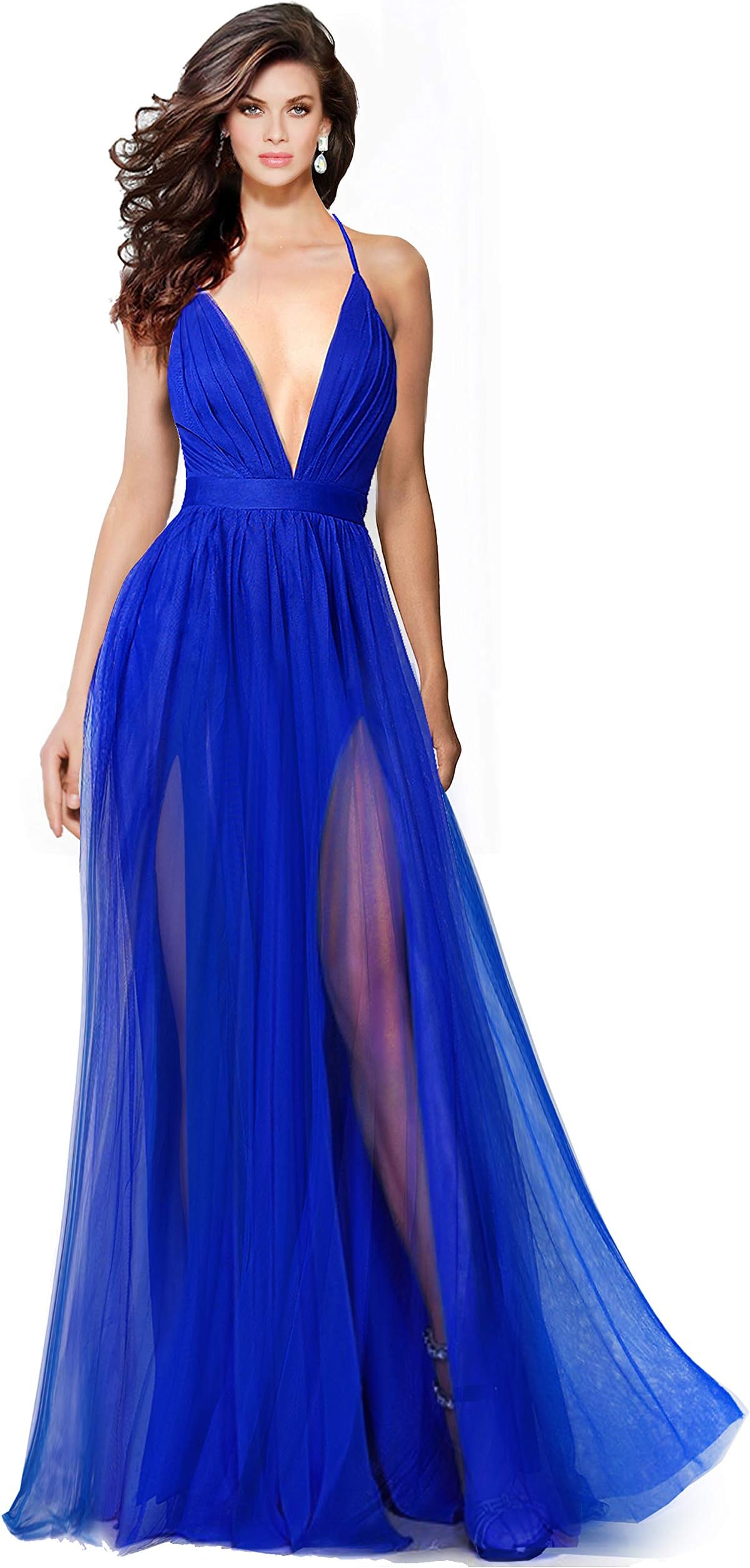 Alluring deep v-Neckline Spaghetti Straps Criss-Cross Open Back Tulle Dual Front Slits Evening Prom Formal Dress