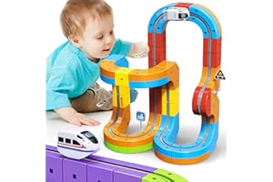 CALFQUEEN KlickRail Electric Train Set Flexible Race Track for Kids 4 6 7 8, 48 Pcs Car Track for Toddlers 3-5, Building Toy Train Track Gravity-Defying 3D Embedded Layouts & Motorized Car, STEM Learning Gift