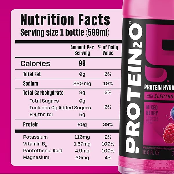 PROTEIN2O HYDRATION DRINK – 2-IN-1 LIQUID CLEAR WHEY PROTEIN ISOLATE AND ELECTROLYTE DRINK – 20G PROTEIN, VITAMINS B5, B6 – POST-WORKOUT RECOVERY – 16.9 FL OZ – 12 COUNT MIXED BERRY
