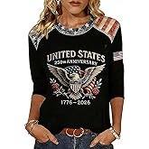 250th Anniversary USA Shirt Women America 250 Shirt 3/4 Sleeve Patriotic Flag Eagle Print Tops 1776-2026 Tshirt Gifts