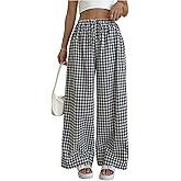 Verdusa Women's Gingham Plaid Wide Leg Pants Streetwear Casual High Rise Baggy Trousers