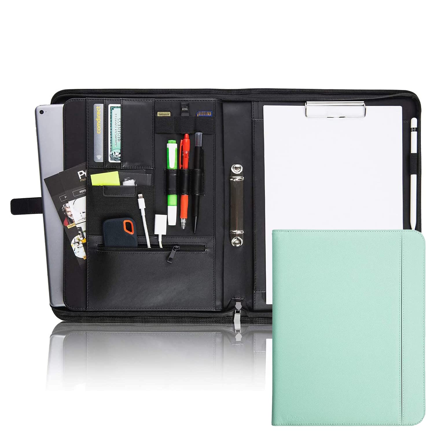Vebon® Writing Case Ring Binder A4 "Paris" I Zip + Clipboard I Document Folder + Laptop Bag I Extra Storage Space I Faux Leather, Caribbean Blue