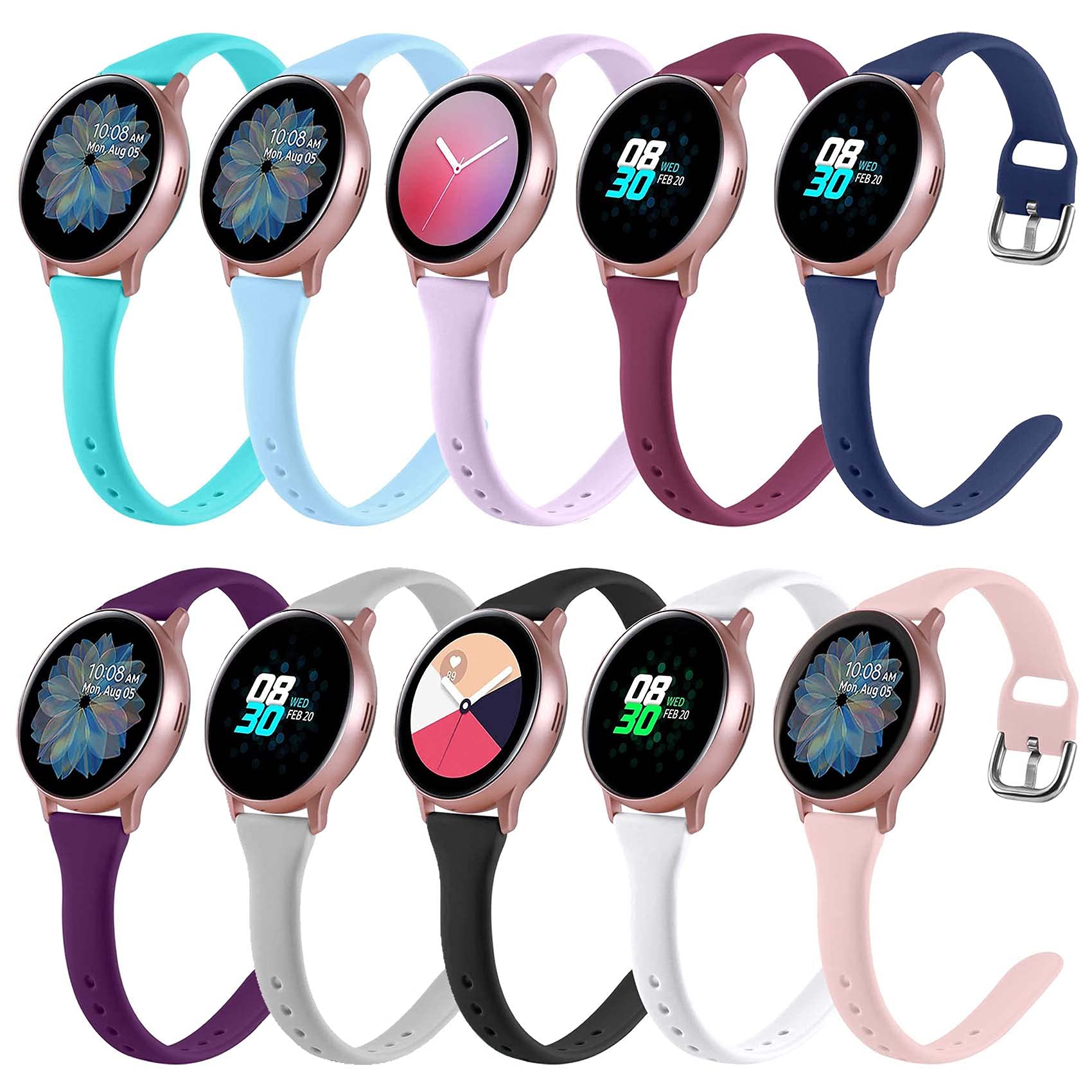 EnoYoo 10 Pack Slim Bands Compatible with Samsung Galaxy Watch Active 2 40mm 44mm / Galaxy Watch 3 41mm / Galaxy Watch Active 40mm, 20mm Soft Silicone Bands Replacement for Galaxy Watch Active, Small