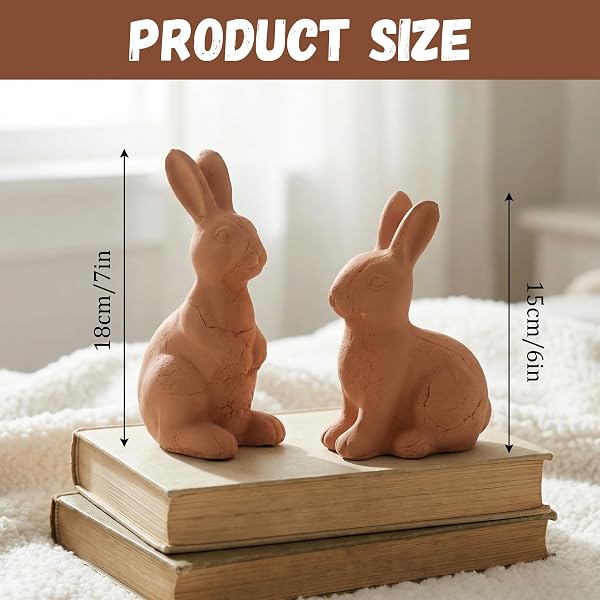 FOLDTIER 2 PCS EASTER TERRACOTTA BUNNY FIGURINES DECORATIONS HANDMADE RUSTIC RABBIT STATUES EASTER VINTAGE STANDING SITTING RABBIT FARMHOUSE BUNNY DECOR FOR SPRING HOME INDOOR TABLE SHELF CENTERPIECE