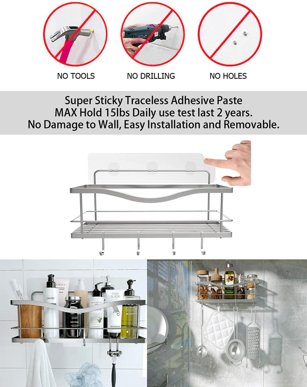 KINCMAX Shower Caddy Basket Shelf with Hooks for Hanging Sponge and Razor,Shampoo Holder Organizer,No Drilling Adhesive Wall Mounted Bathroom Shelf,Rustproof SUS304 Stainless Steel: Home & Kitchen