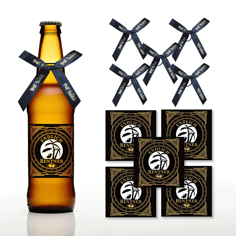 Hestiyaa Endlich Pensioner Bottle Label Set, Retirement Gift, 5 Stickers, Black and Gold, Sticker Bottle Label Finally Retirees