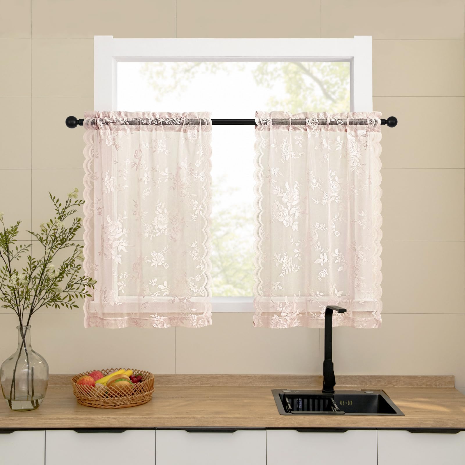 Chyhomenyc Blush Pink Kitchen Curtains - Bohemian Jacquard Tier Cafe Curtains, 2 Panels 36 Inch - View #6