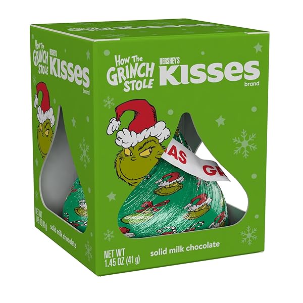 HERSHEY’S SOLID MILK CHOCOLATE KISS WITH GRINCH FOIL, SMALL CHRISTMAS STOCKING STUFFER, 1.45 OZ.