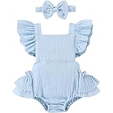 Happy Town Baby Girl Clothes Toddler Summer Linen Romper Sleeveless Ruffle Outfits Infant Girls Jumpsuit with Headband