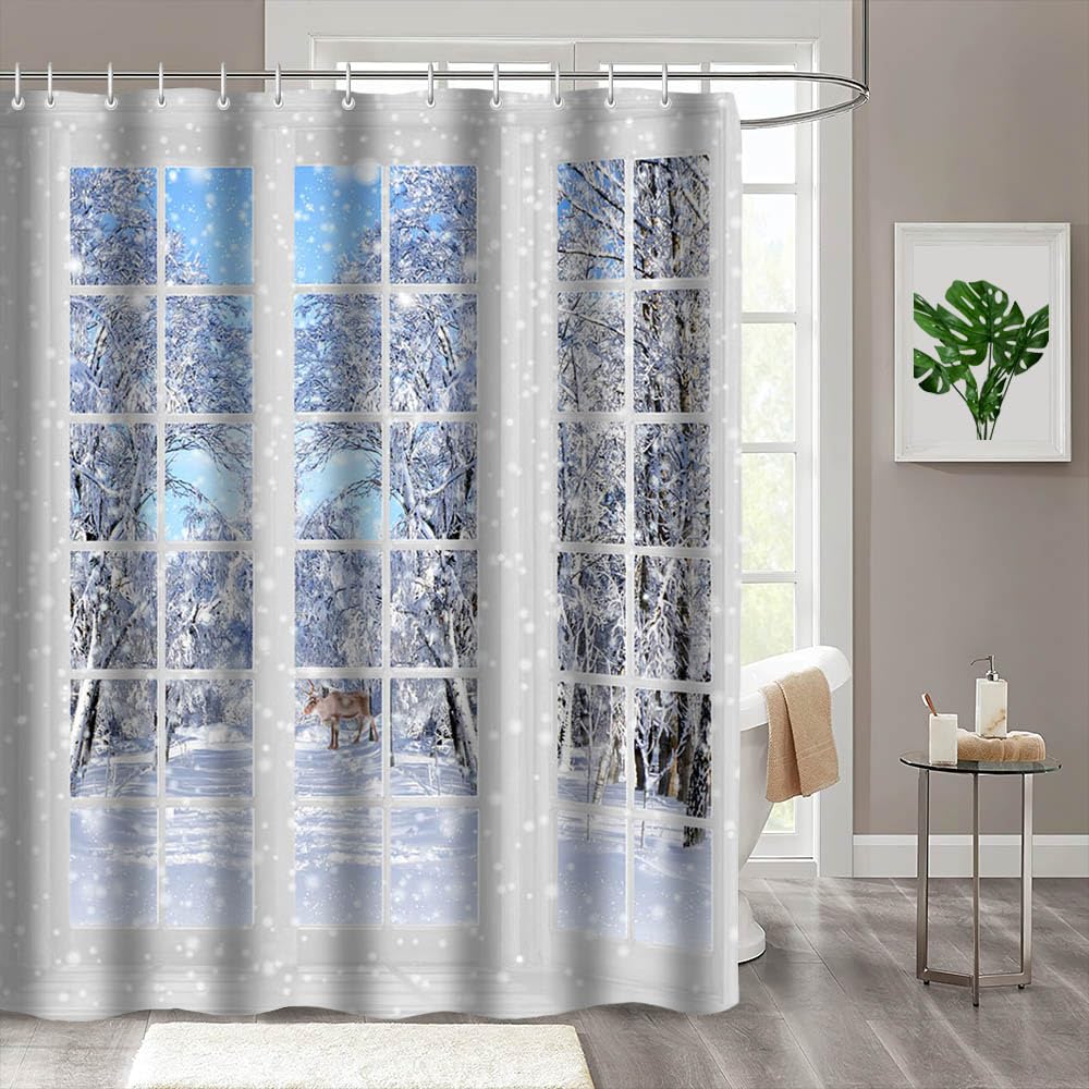 MEHOFOND 72x72inch Winter Christmas Shower Curtain Window Elk Snowy Scenery Forest Nature Bathroom Waterproof Bathtub Home Decor Modernize Waterproof Family Tub Decor Polyester Fabric With 12 Hooks