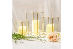 YSHENGOOD 3PCS Gold Candle Holder Glass Hurricane Candle Holder Gold Glass Hurricane Candle Holder, Square Hurricane Candle Centerpieces for Tables Decorative, Wedding, Party