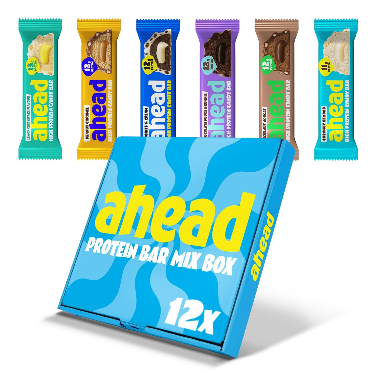 ahead Protein Riegel | Mix Box | 12 x 45g Extra softer Protein Riegel mit cremigem Kern | Low Carb Eiweißriegel ohne Zuckerzusatz & ohne Palmöl