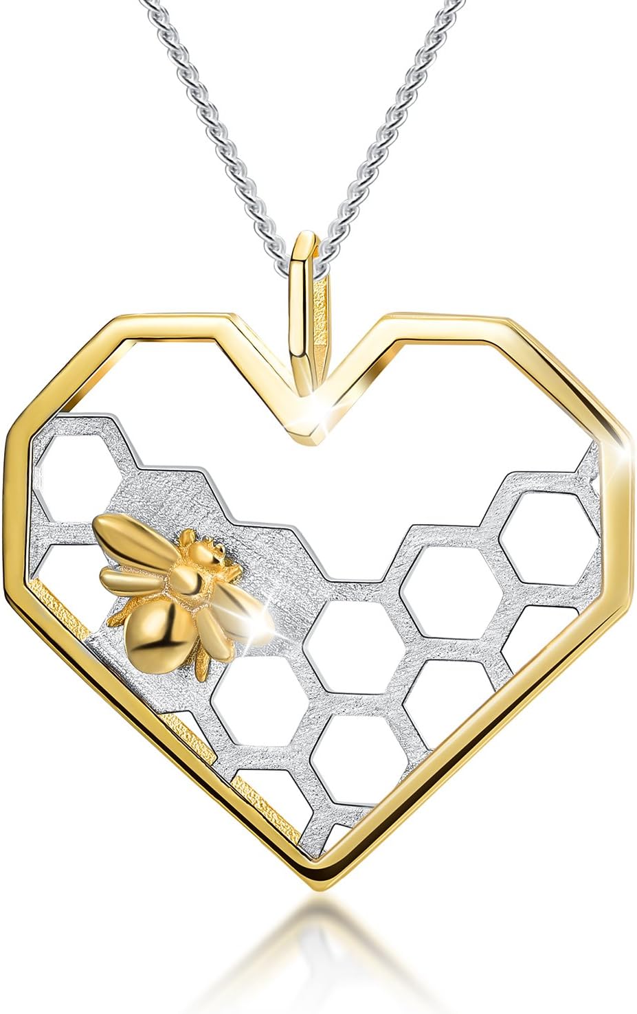 Lotus Fun S925 Sterling Silver Necklace Pendant Honeycomb Bee Pendant with Link Chain length 17inches, Handmade Unique…