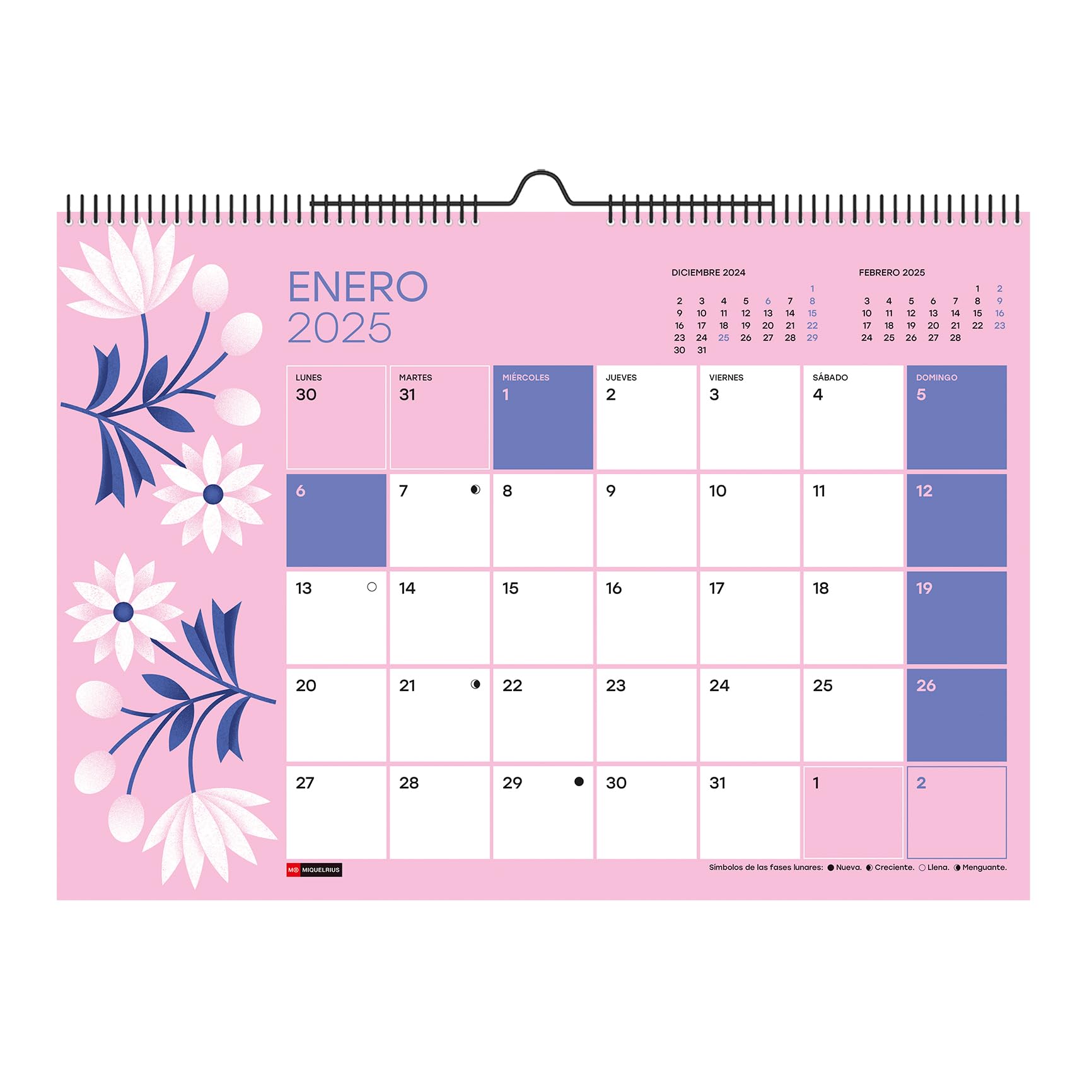Miquelrius - 2025 Wall Calendar, A3 Calendar: 420 x 296 mm, with note space, 2025 calendar, double spiral binding, annual calendar to hang, Spanish, Flower Design