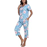 JINSHI Women's Pajamas Set Short Sleeve Top and Capri Pants Lightweight Sleepwear Comfy Pjs Lounge Set with Pockets