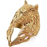 KIRTIJW Mens Gold Tone Wolf Head Rings Stainless Steel Fashion Gothic Goth Punk Biker Wolf Animal Rings Jewelry for Men Size 8/9/10/11/12/13