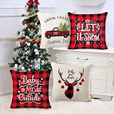 4 Fodere Per Cuscini Natale 45x45 Cm In Lino - Motivi Albero, Fiocco Di Neve, Renna - Decorazioni Casa Rosse