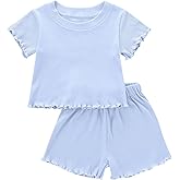 Dimoybabe Toddler Baby Girl Summer Clothes Ribbed Knit Cotton Cute Summer Outfits Short Sleeves 2 Pieces Shorts Set 12M - 5T