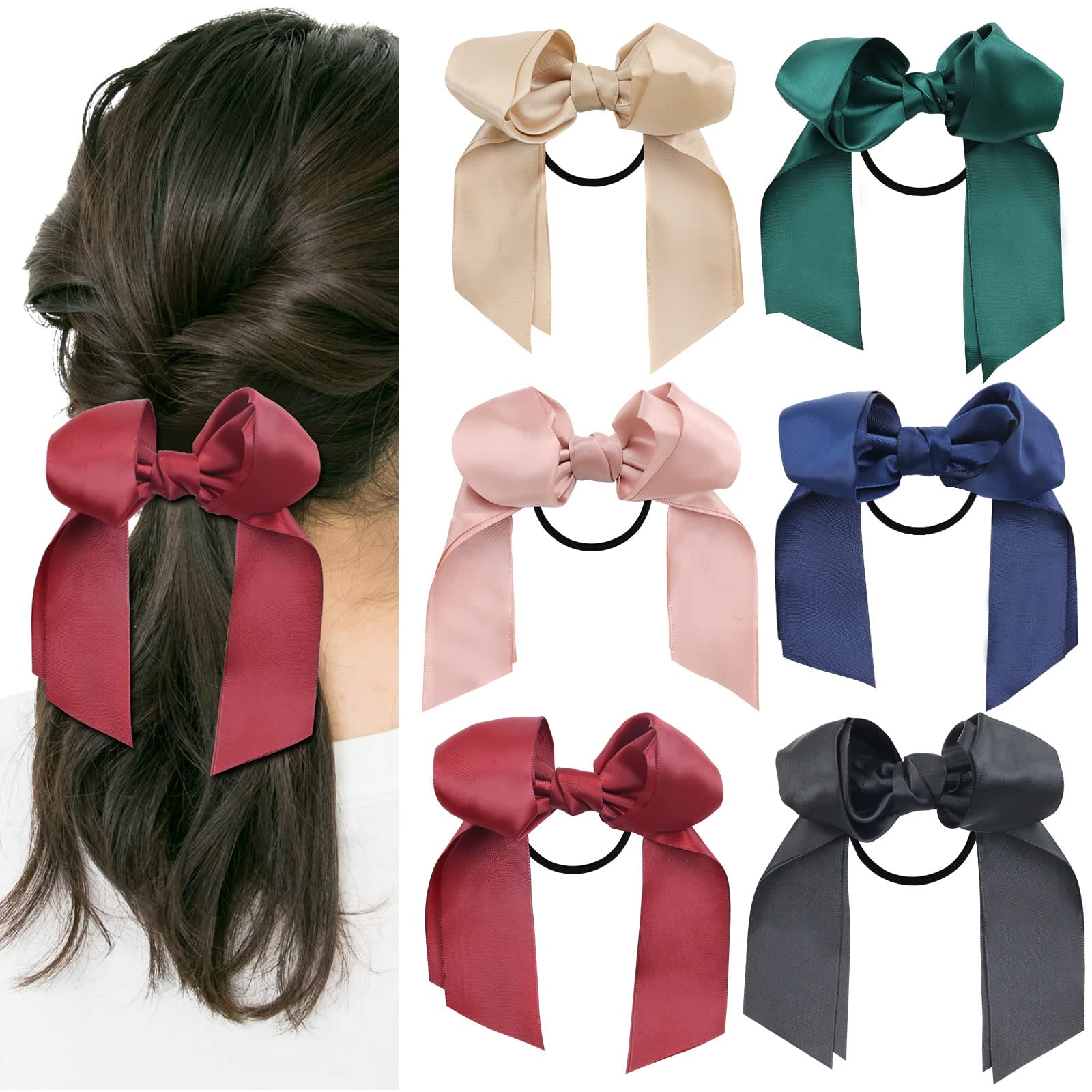 Photo 1 of Lawie 6 Pack Satin Skinny Long Bowknot Hair Bows Scrunchies With Ribbon Bow Ponytail Holder French Twist Elastics Rubber Bands Chignon Bun Hairbands Accessories for Women Girl