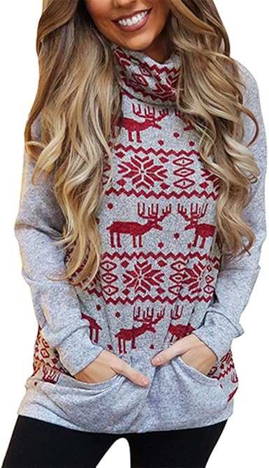 Thenxin Women's Turtleneck Sweatshirt Long Sleeve Christmas Reindeer Print Pullover with Pocket 