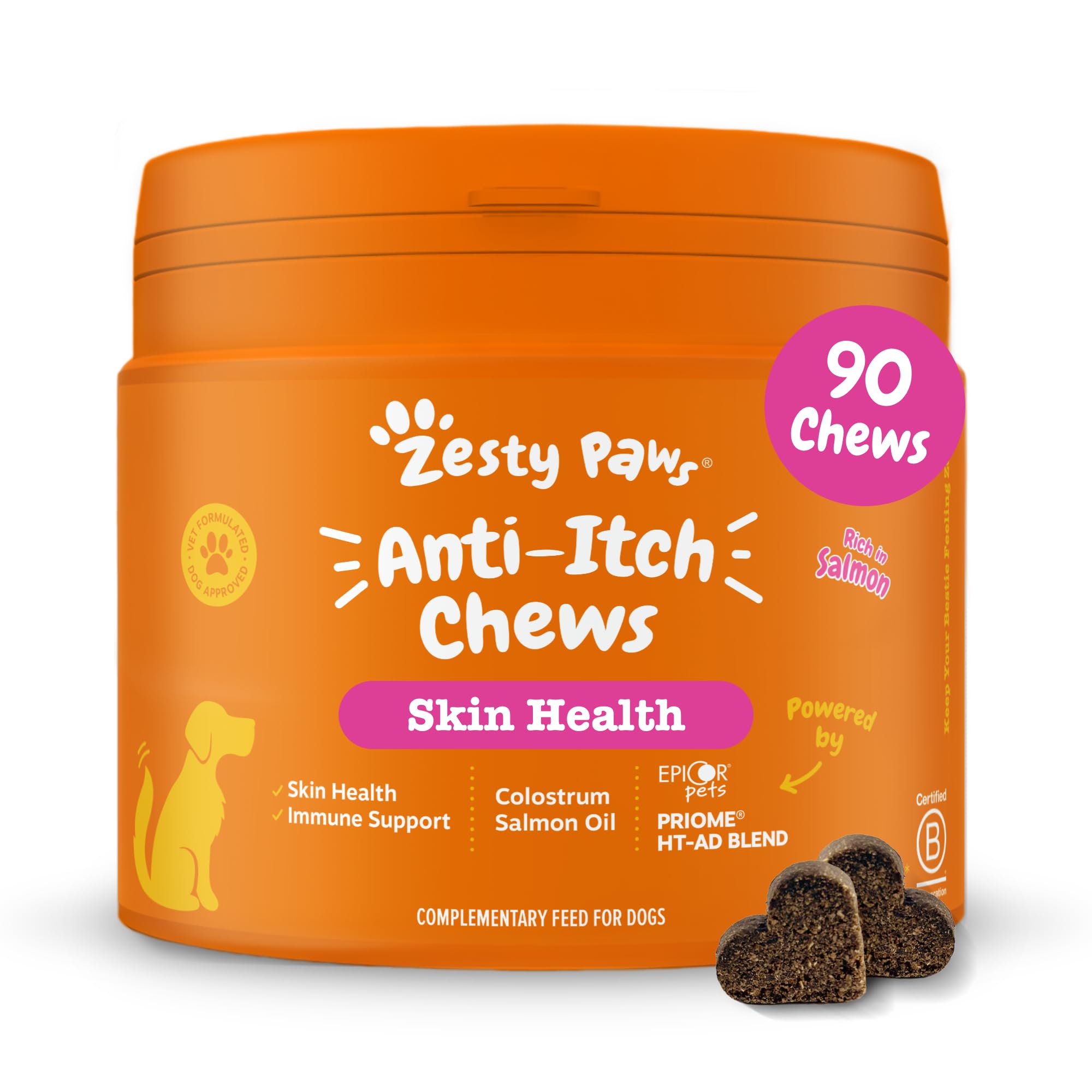 Zesty Paws Anti-Itch Chews for Dogs | Soothes Itchy Skin, Paws & Ears from Licking & Scratching, Helps Immune Function, Skin & Gut Health | Contains Salmon Oil & Probiotics | Daily Use | 90 Chews