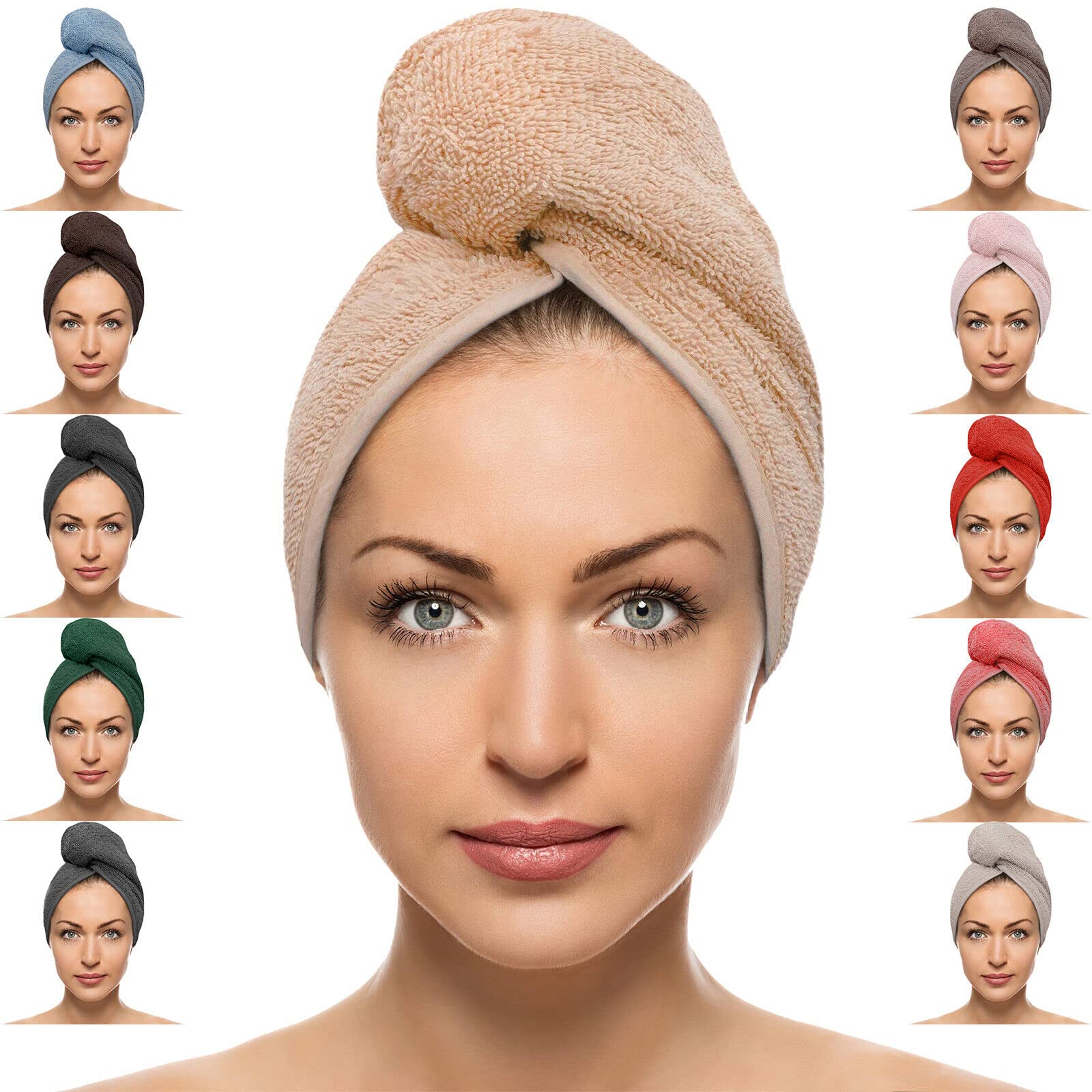 FAB-ON UK Hair Dry Towel 100% Cotton Turban Style Instant Drying Quick Absorbent Lightweight Button & Loop Closure One Size Hair Dry Cap For Curly Long Hair 64x24 CM