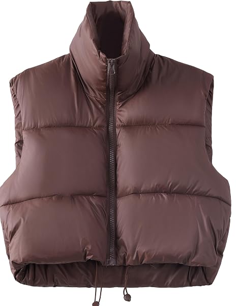 XIKUKA WOMEN’S CROPPED PUFFER VEST PADDED VEST WINTER WARM OUTERWEAR LIGHTWEIGHT ZIP CROP PUFFY GILET BROWN-M
