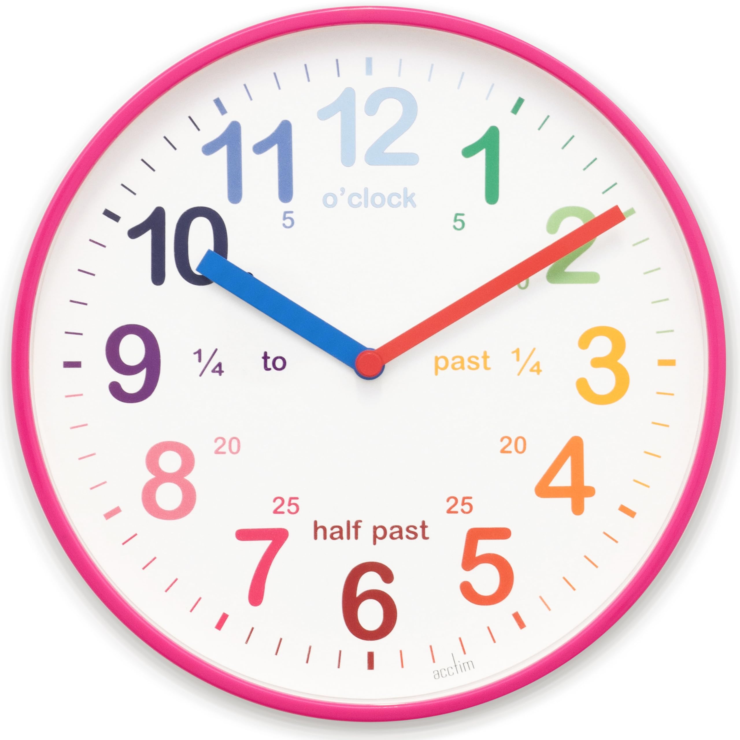 Acctim Wickford Kids Teaching Wall Clock Quartz Rainbow Dial Quarter Markers Pink 20cm 22520