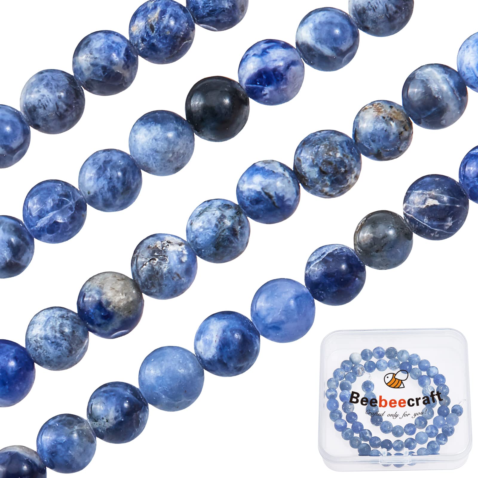 Beebeecraft 120~124Pcs Natural Blue Vein Stone Beads 6mm South Africa Round Sodalite Beads Loose Gemstone Energy Bead for Bracelet Necklace Jewelry Making