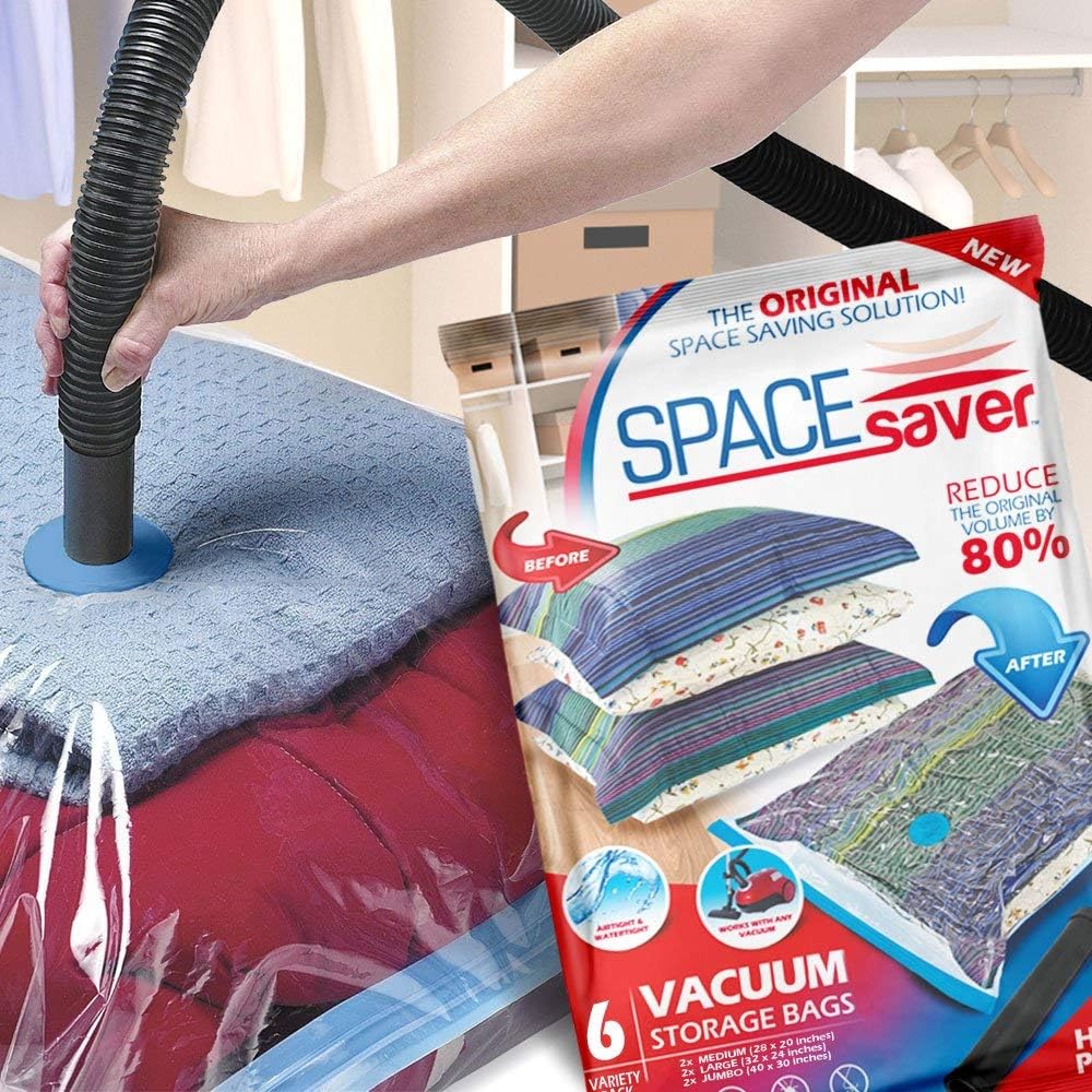 Spacesaver Premium Vacuum Storage Bags 6 Pack (2 x Medium, 2 x Large, 2 x Jumbo) 80% More Storage! Hand-Pump for Travel! Double-Zip Seal and Triple Seal Turbo-Valve for Max Space Saving! (6 Pack): Home & Kitchen