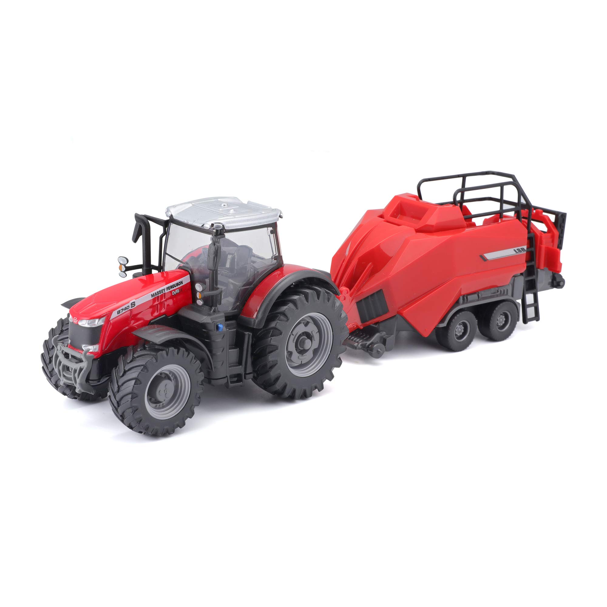 Bburago Die-Cast MASSEY FERGUSSON 8740S TRACTOR with Workiing BALER LIFTER - Detailed Replica Collectible Model Toy, Red
