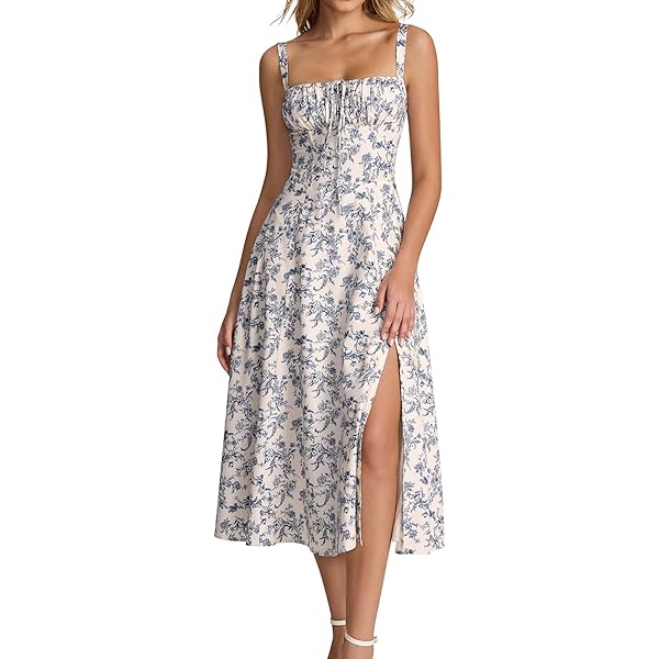 2024 Women Floral Lace Up Corset Midi Dress, Summer Boho Square Neck Flowy  Fitted Dress Slit Bustier Sundress at Amazon Women's Clothing store