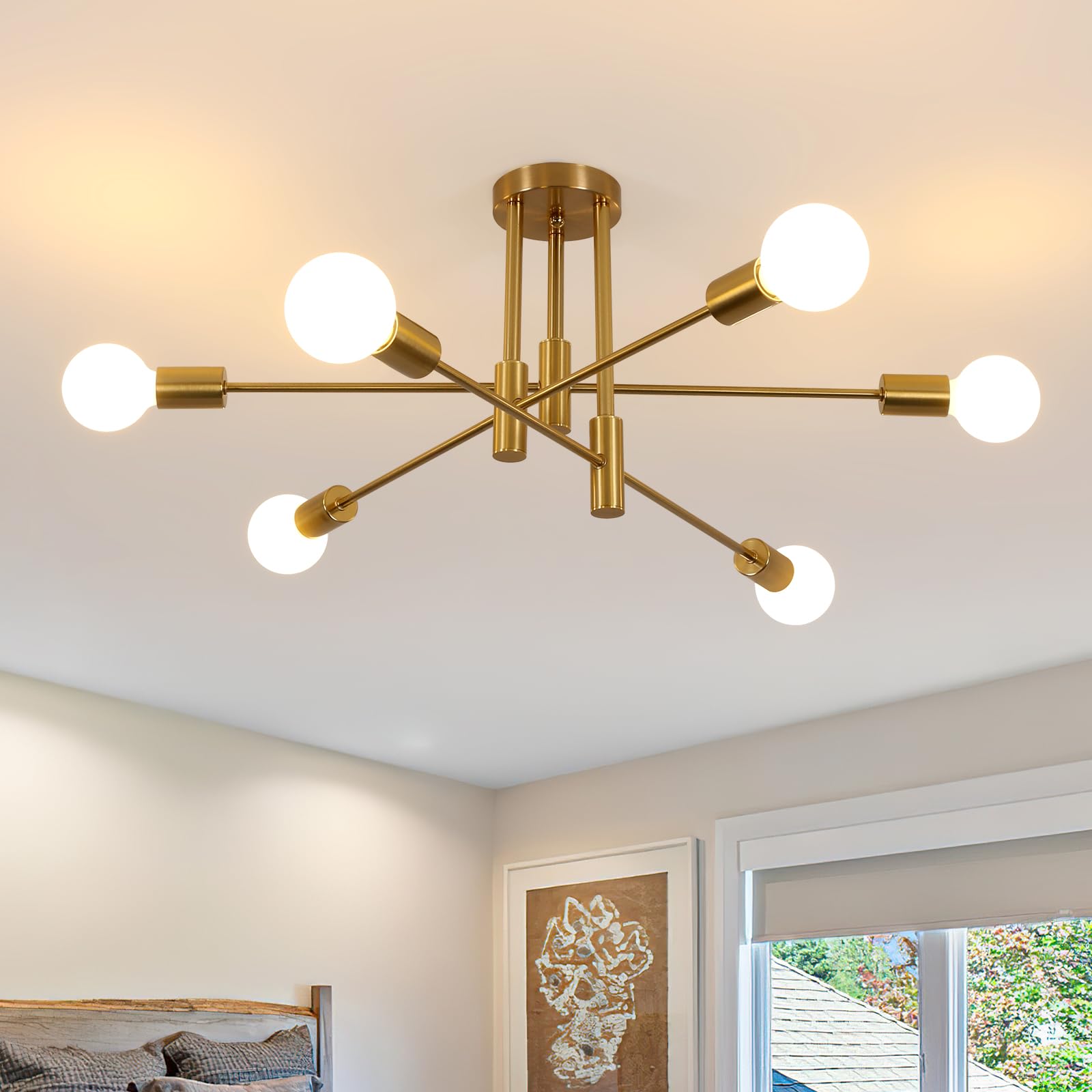 Comely Sputnik Chandelier, 6-Light E27 Gold Modern Semi-Flush Mount Ceiling Lamp, Mid-Century Modern Ceiling Lighting for Living Room, Bedroom, Dining Room, Kitchen
