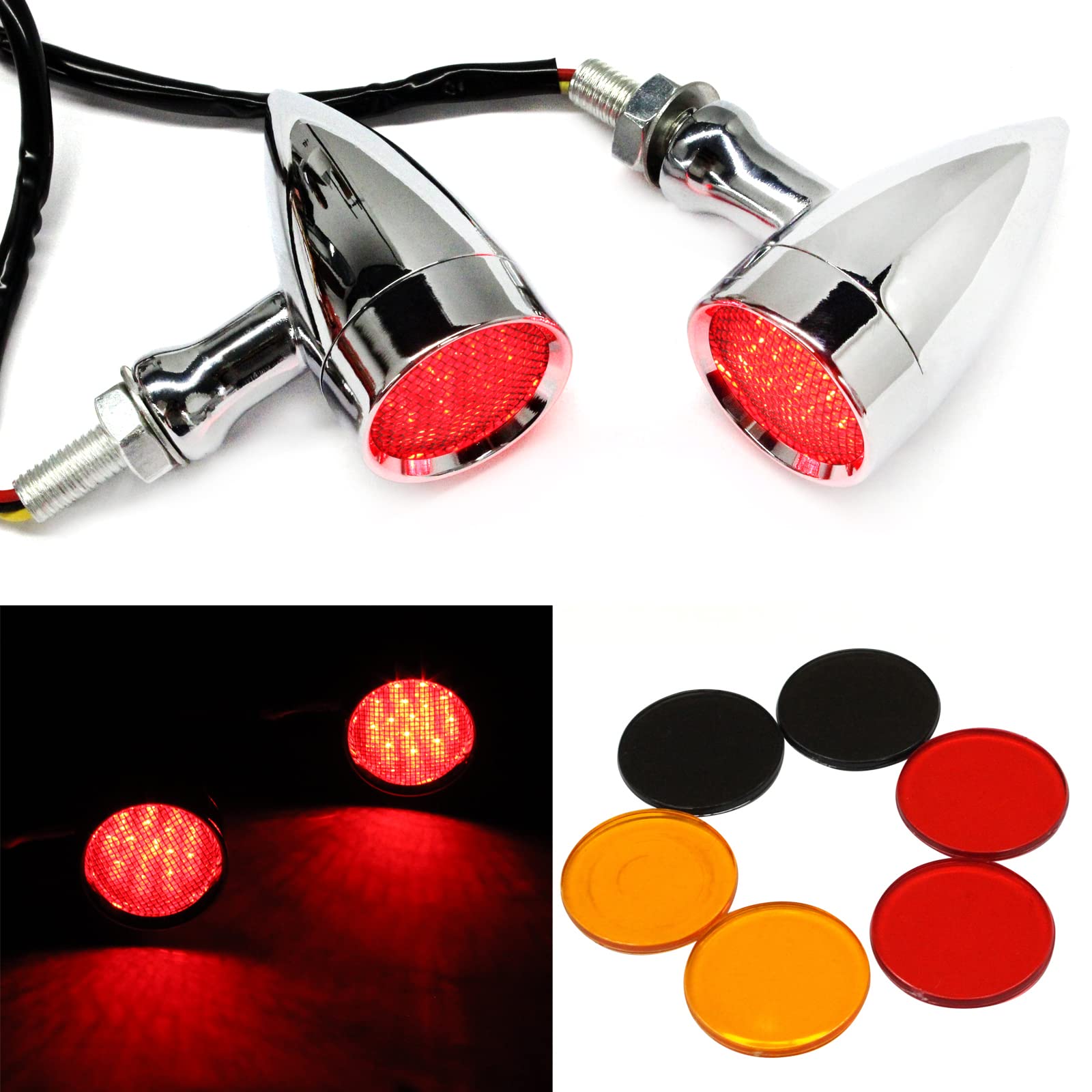 Photo 1 of 2pcs Chrome 15 LED Motorcycle Stop Brake Running Turn Signal Indicator Red Lights For Harley Honda Chopper (Chrome with net-Red Light)