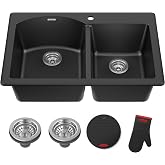 KRAUS Black 33 in Double Bowl Granite Kitchen Sink KGD-50BLACK | Quartz composite with metallic particles, drop-in or undermount, thick deck, heat-safe, 60/40 double bowl split