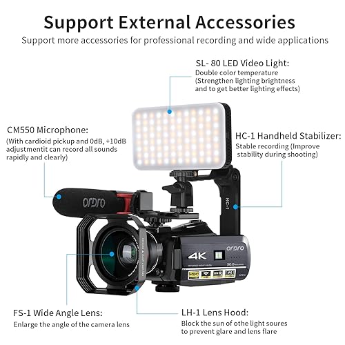 ORDRO Camcorder 4k Video Camera, HD 1080P 60FPS Vlog Camera IR