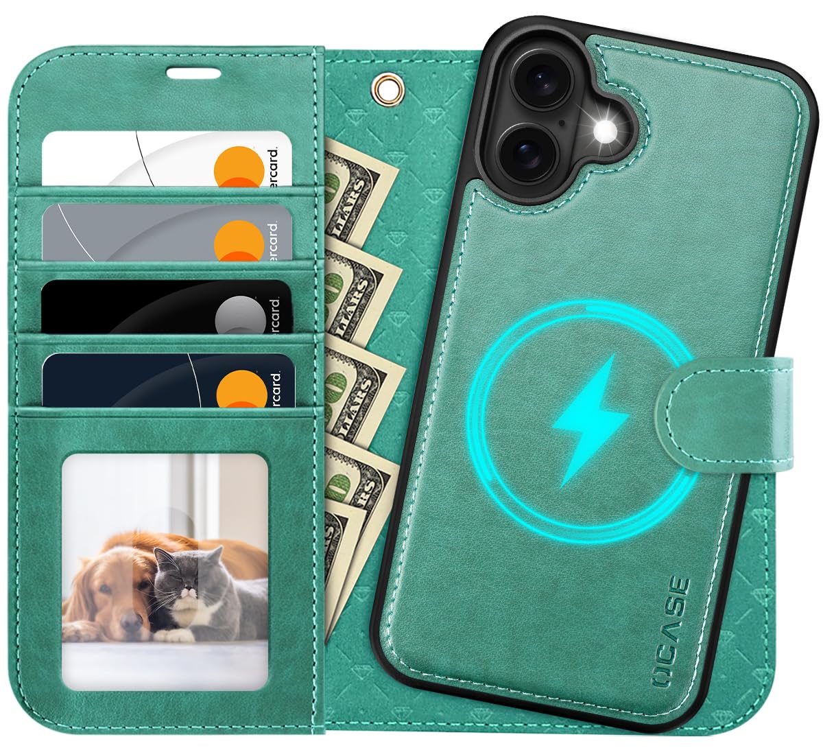 OCASE for iPhone 16 Plus Case, Detachable 2 in 1 PU Leather Wallet Case with RFID Blocking, Wireless Charging, Card Holders, Kickstand, Shockproof Removable Phone Cover, Green