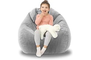 LPMOERA 3FT Bean Bag Chairs for Adults/Teens with Memory Foam Filling Bean Bag Sofa with Handle Ultra Soft Washable Corduroy Fabric Lazy Sofa for Living Room Bedroom College Dorm Light Grey